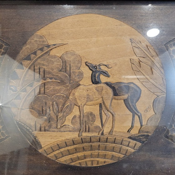 Image 1 of Tablett mit Antilopenschnitzerei, Holz, Art Deco, ps XX - Frankreich