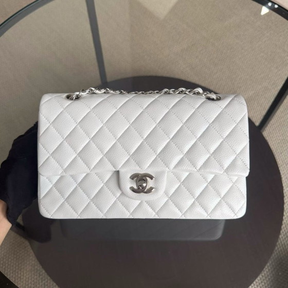 Image 1 of Chanel Classic Flap Medium - Caviar Quilted White Silver Hardware Series 18