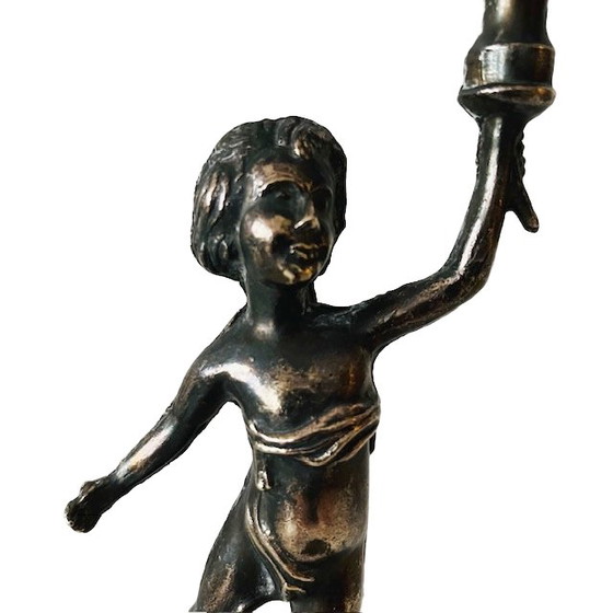 Image 1 of Vintage zware messing Putti Cherubijn 3-armige kandelaar 1960's
