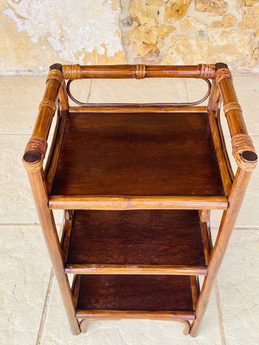Scaffale vintage a 3 ripiani in bambù e rattan, anni '60