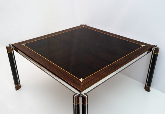 Image 1 of Table de salle à manger italienne en acier et bois incrusté de Paolo Barracchia par Roman Deco, 1978