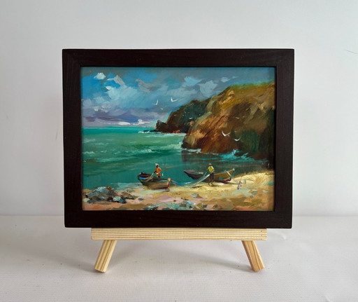 Original Oil Painting Sea Rock Landscape Great Day to Go Fishing