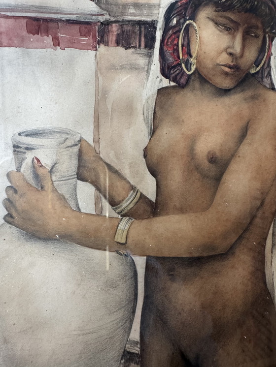Image 1 of Antique Orientalist Nude Watercolor