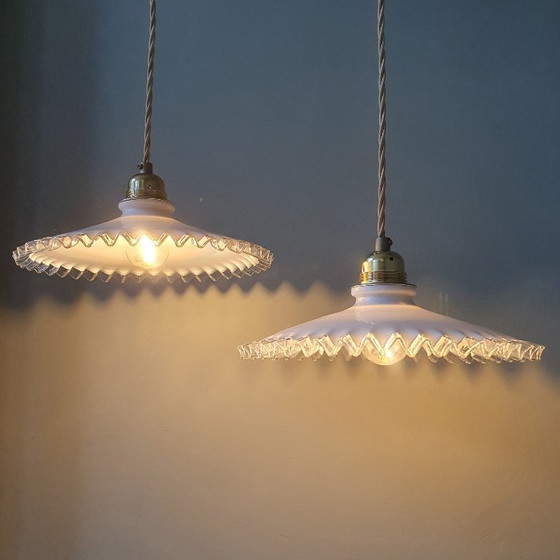 Set Vintage Pendant lamps Opaline glass - Transparent Decorative Edge – Metal (photo 23 of 24)