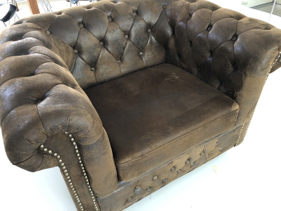 Image 1 of Vintage Chesterfield fauteuil/ loveseat (suede look)