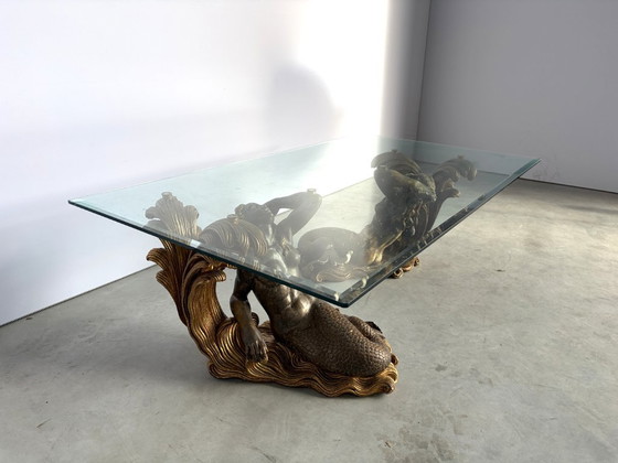 Vintage Gilt Wood Mermaid Coffee Table, 1960s - Italy, Glass, Brown (photo 7 of 13)