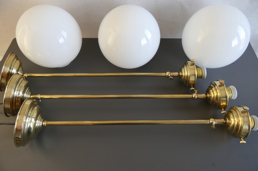 Art Deco - 3x School Lamps, Pendant With Opaline Glass and Brass Frame - Height Adjustable
