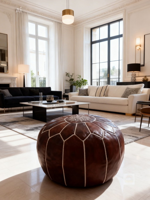 Puf marroquí de cuero auténtico hecho a mano. Envío gratuito.