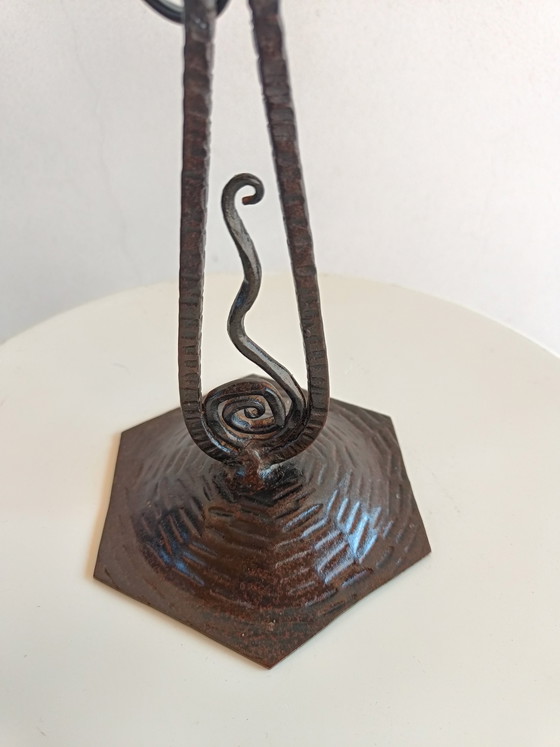 Image 1 of French style wrought iron lamp with signed frosted glass shade
