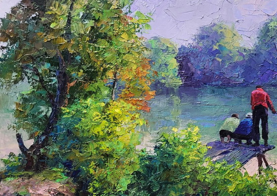 Image 1 of Dipinto ad olio originale Paesaggio naturale Foresta Fiume Pesca mattutina
