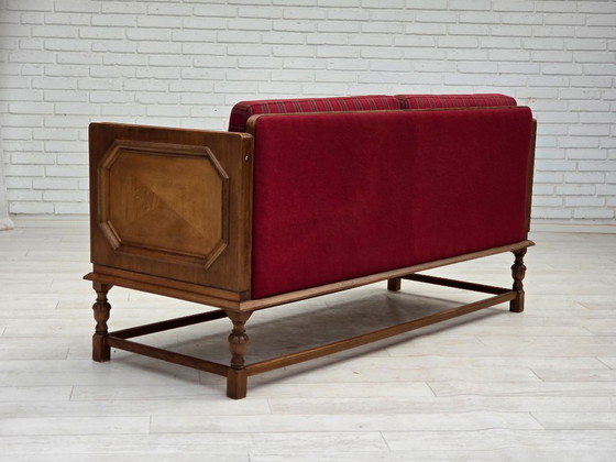 Image 1 of 1950s, Danish 2 seater drop arm sofa, original striped red furniture wool, oak wood.