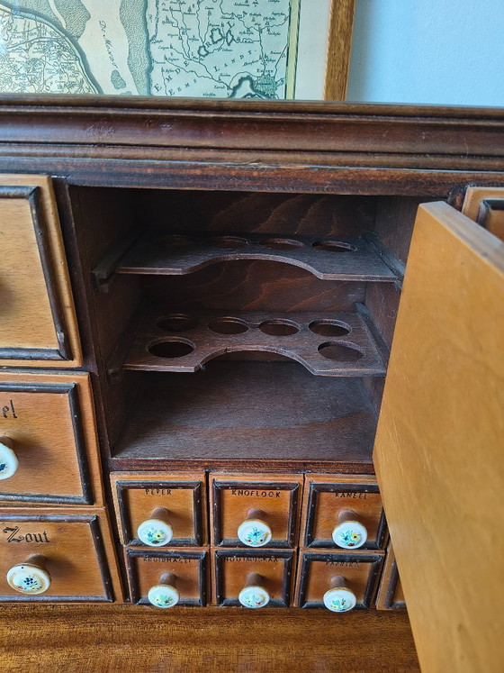 Vintage Wooden Spice Cabinet / Antique Spice Cabinet – Wall cabinet, Porcelain (photo 6 of 8)