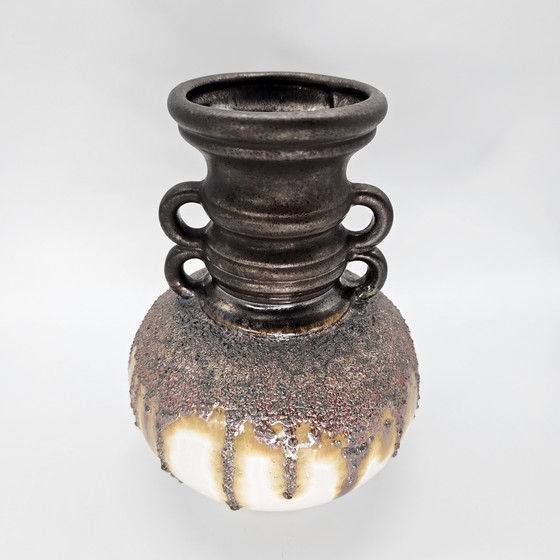 Image 1 of Vase Vintage West Germany Fohr Ceramic 70s 321-20 metallic glaze handle vase