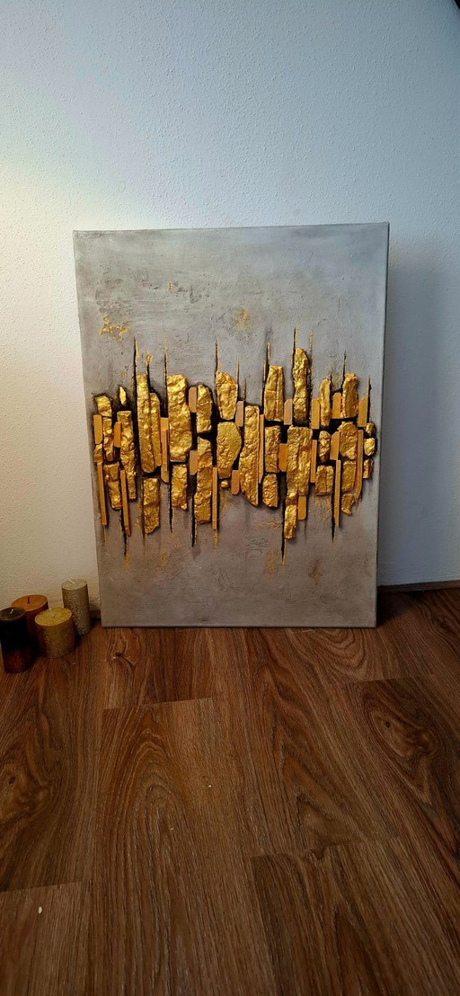 Handgemaakt Goudkleurig Abstract Schilderij – Luxe Wanddecoratie
