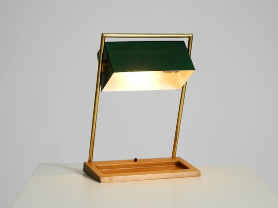 Image 1 of Original large 1960s Temde table lamp with a brass frame, teak base, and green lampshade