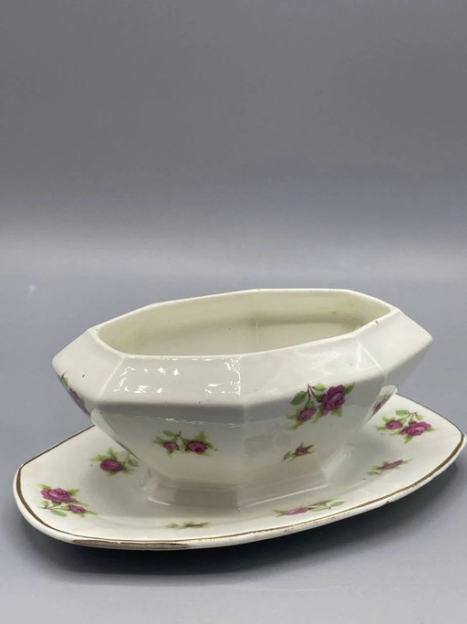 Saucière individuelle ancienne en porcelaine – Décor de roses – Tchécoslovaquie – decoratieve objecten, Gold