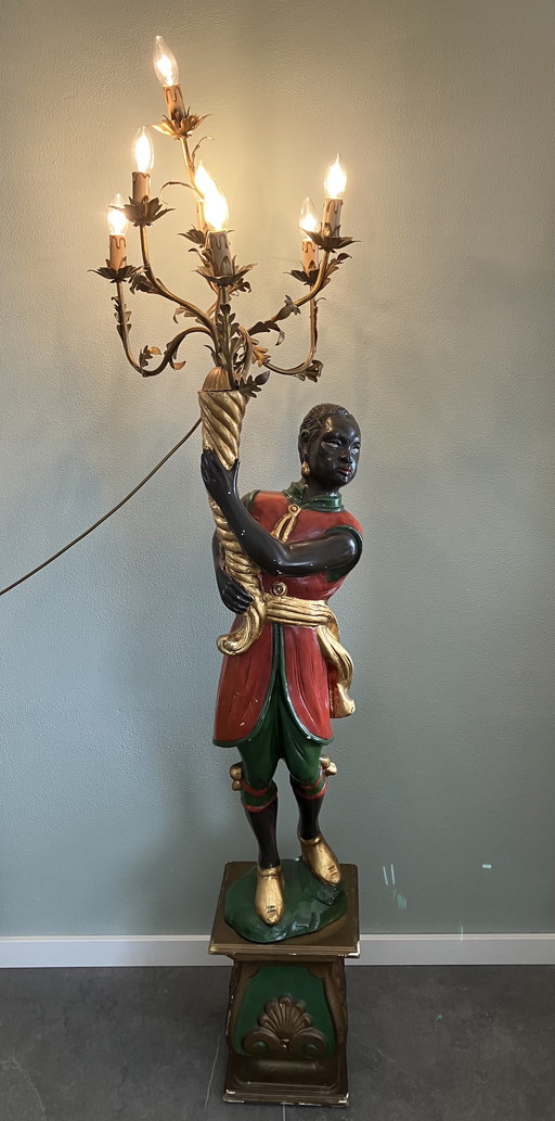 Blackamoor Vloerlamp, Antieke Houten Moor Lamp