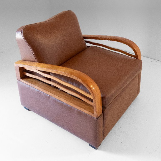 1X Italiaanse Art Déco Converteerbare Fauteuil / Slaapstoel in Bruin Eco-Leer, jaren 20. – Skai (photo 19 of 20)