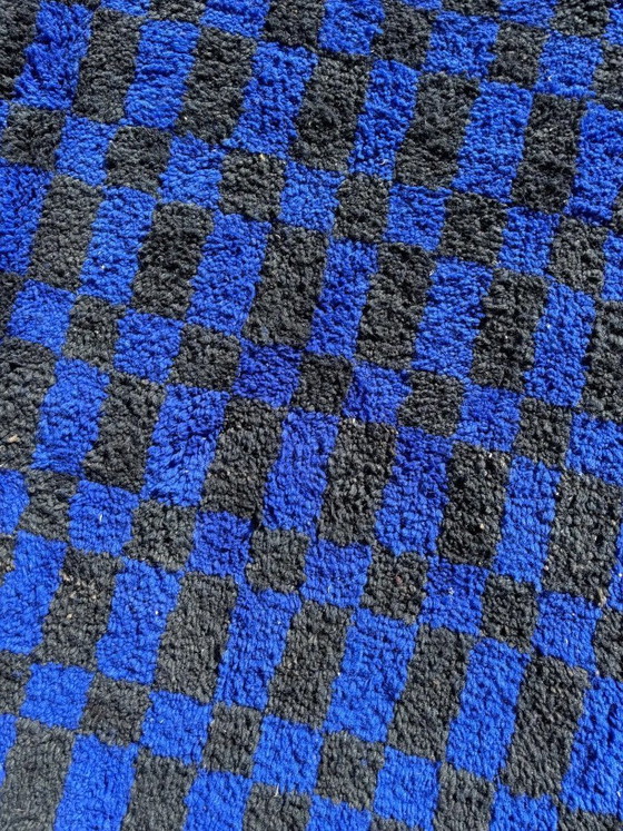 Image 1 of Handmade Moroccan Rug – Black & Blue Checkered Wool Carpet | Geometric Checkerboard Area Rug | Boho Vintage Style Home Decor