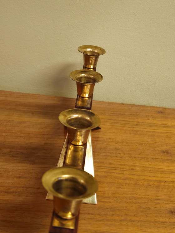 Image 1 of Vintage Teak Teak Wood Brass Candlestick Candle Holder