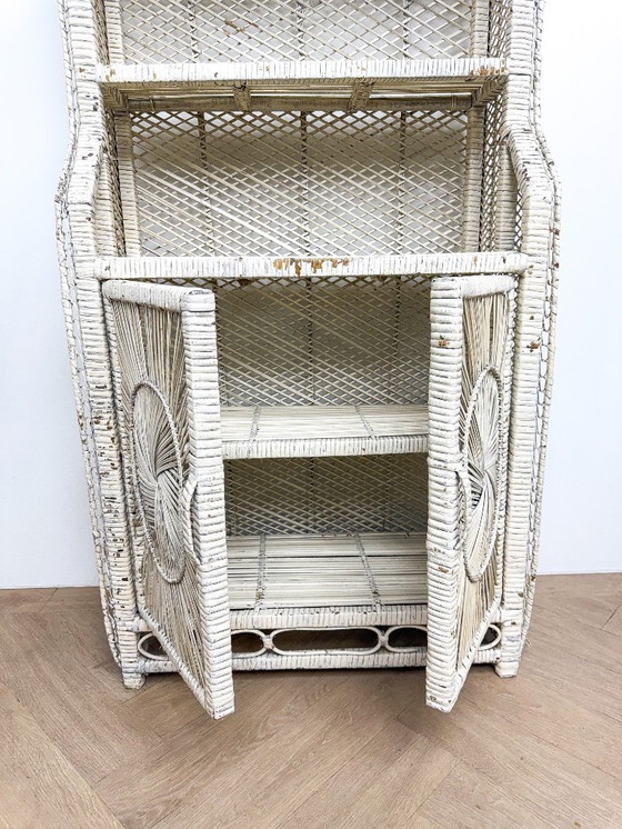 Image 1 of Vintage rattan wicker arch cabinet with sunflower motif