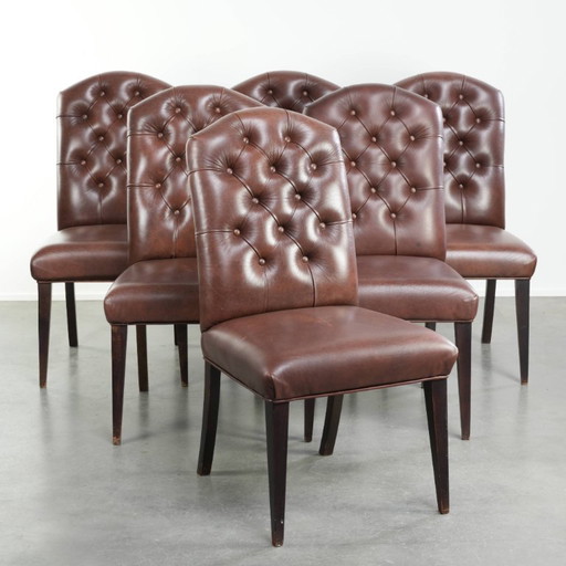 6x fine cognac-colored cowhide Chesterfield dining chairs in English style