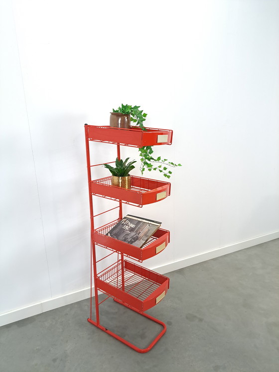 Image 1 of Red Metal Shop Display Case Shop Rack With Baskets Vintage