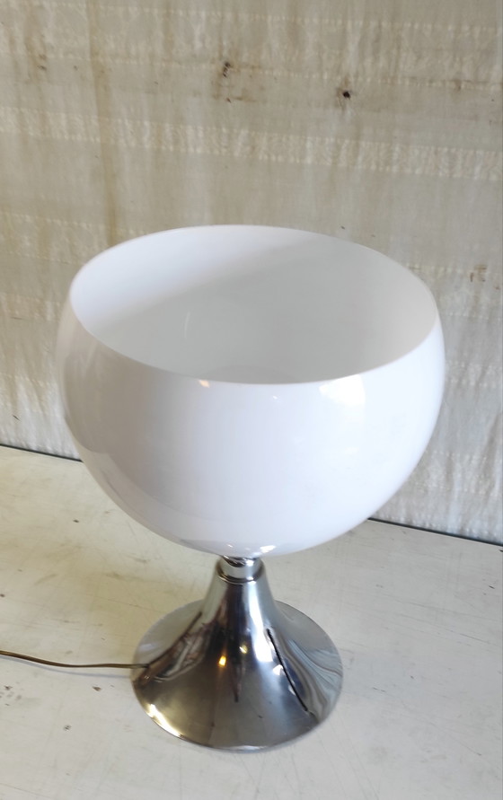Image 1 of Designer table lamp in chromed metal and white globe - mid-20th century
