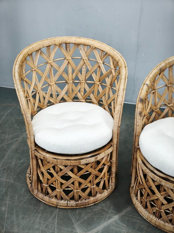 Image 1 of Een paar Italiaanse bamboe- en rotanfauteuils, jaren 60.