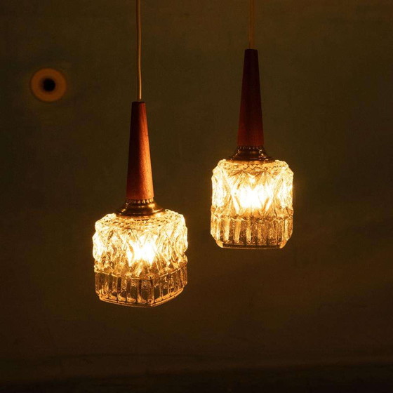 Image 1 of Vintage set of pendant lights glass 60s teak brass & glass pendants