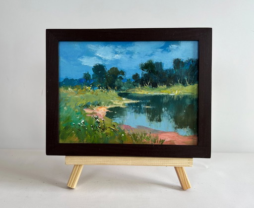 Original Oil Painting Summer River Landscape Reflection of green forest