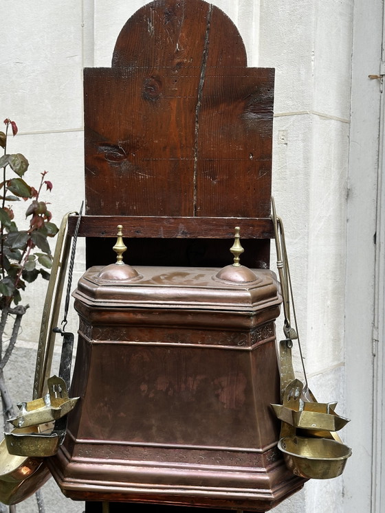 Image 1 of Large French Copper and Brass Wall-Mounted Kitchen Fountain with Basin, Early 19th Century