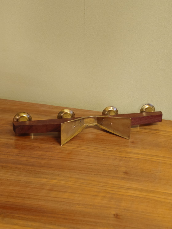 Image 1 of Vintage Teak Teak Wood Brass Candlestick Candle Holder