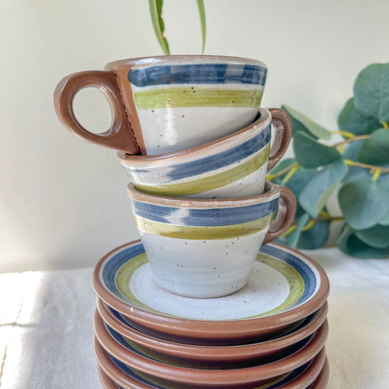 Servizio da caffè vintage in gres maculato grigio anni '50 con strisce verdi e blu - Tazze da caffè vintage (photo 4 of 14)