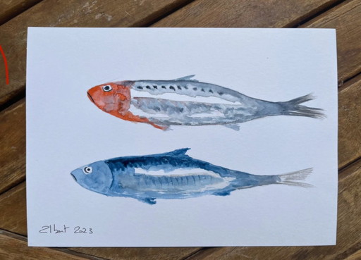 Gesigneerde aquarel. Sardine-thema.