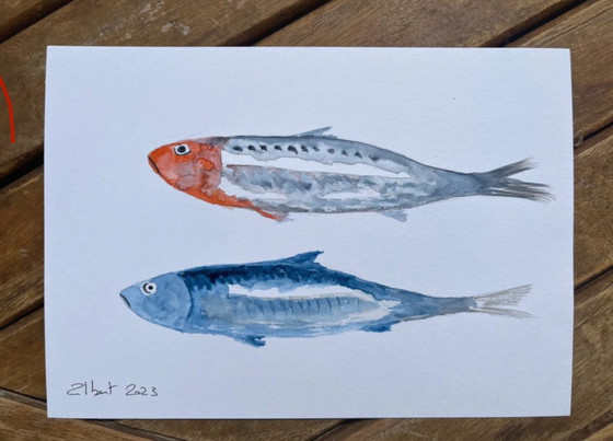 Image 1 of Gesigneerde aquarel. Sardine-thema.