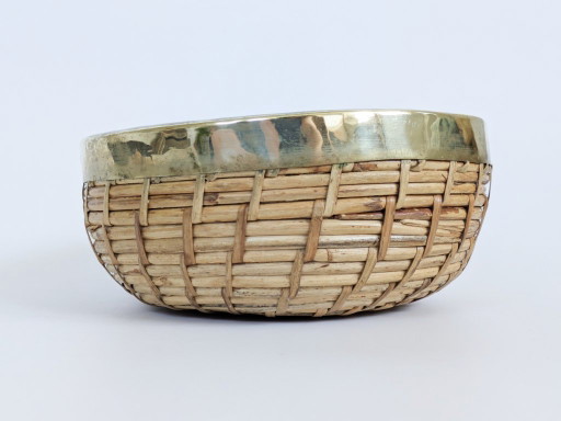 Vintage Rattan Brass Bowl Gabriella Crespi Style 1970s Handwoven Fruit Basket