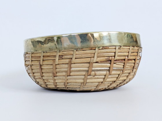 Image 1 of Vintage Rattan Brass Bowl Gabriella Crespi Style 1970s Handwoven Fruit Basket