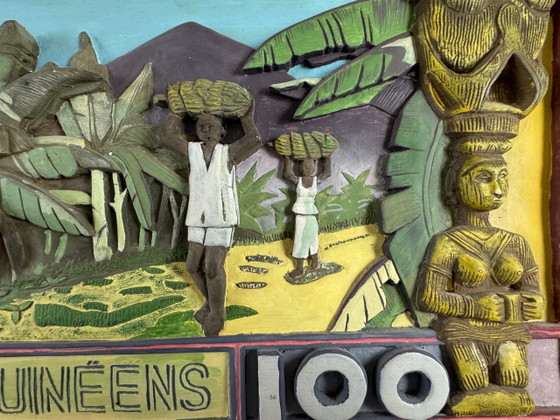 THOMAS TCHOPZAN - "Central Bank of Guinea 100 Frs" reverso (madera dura, grande) – Esculturas, Wood (photo 3 of 5)