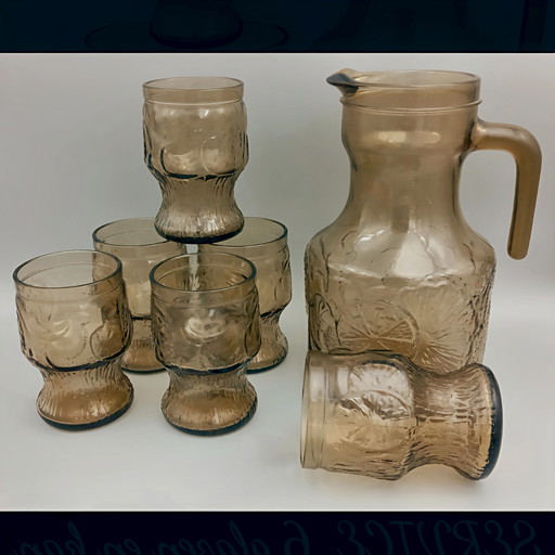 Sixties Orangeade Smoking Glass Service, Carafe and 6 Glasses, Fidenza Italy