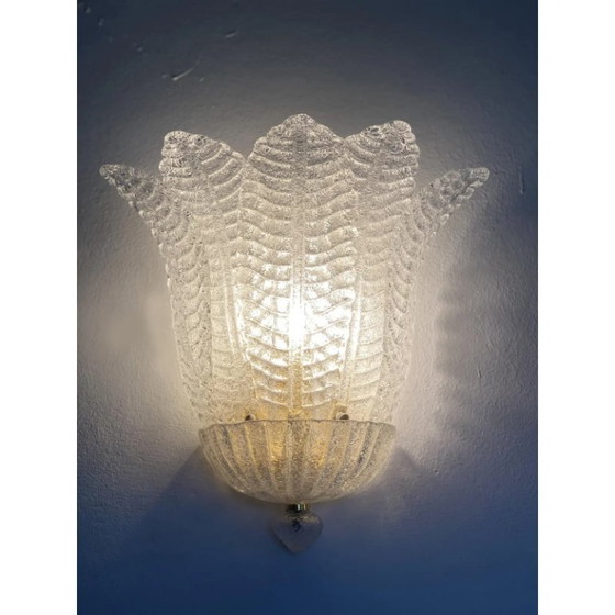 Image 1 of Moderne venezianische Wandleuchten aus transparentem Graniglia-Muranoglas in Blattform – 2er-Set