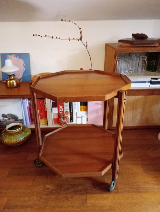 Octagonal mid century teak serving trolley, Italy 60s