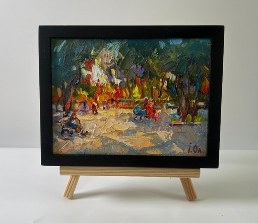 Original Oil Painting Summer Trees Landscape On A Walk In The Park