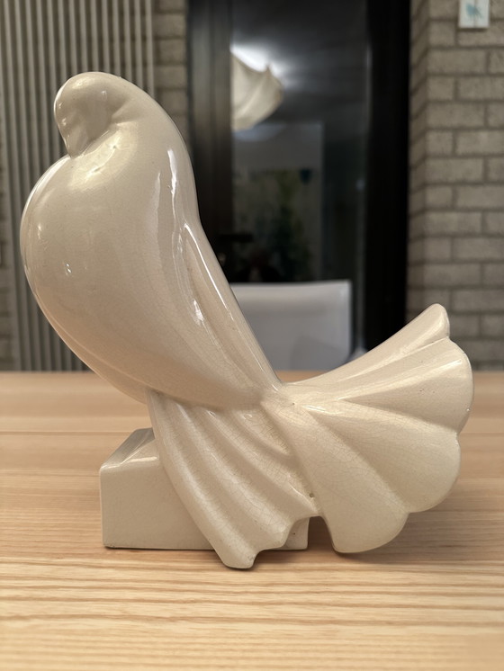 Image 1 of Art Deco craquele beeld duif Jacques Adnet