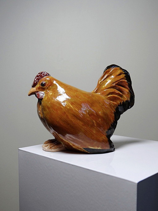 Petit Coq Pekin en Céramique Artisanale Vintage Signé Poule Décorative