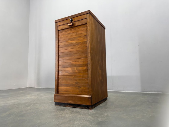 Image 1 of Art Deco Beech Tambour Office Cabinet, Czechoslovakia 1940s