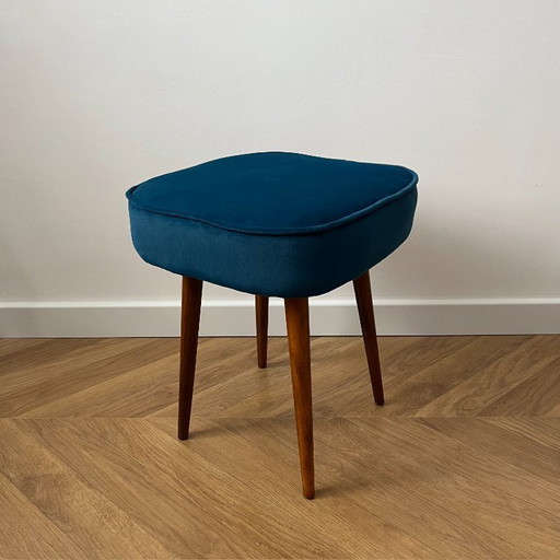 Vintage Velvet Footstool in Dark Teal, Mid Century Modern Stool with Wood Legs