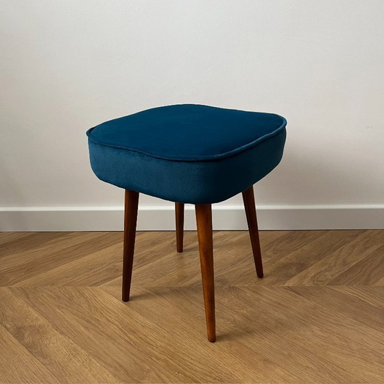Image 1 of Vintage Velvet Footstool in Dark Teal, Mid Century Modern Stool with Wood Legs