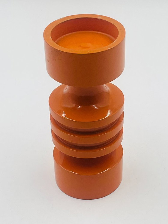 Image 1 of Oranje houten kandelaar uit de jaren zeventig