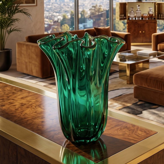 1970s Michielotto Emerald Green Fazzoletto Murano Glass Vase — Italian Vintage (photo 3 of 10)